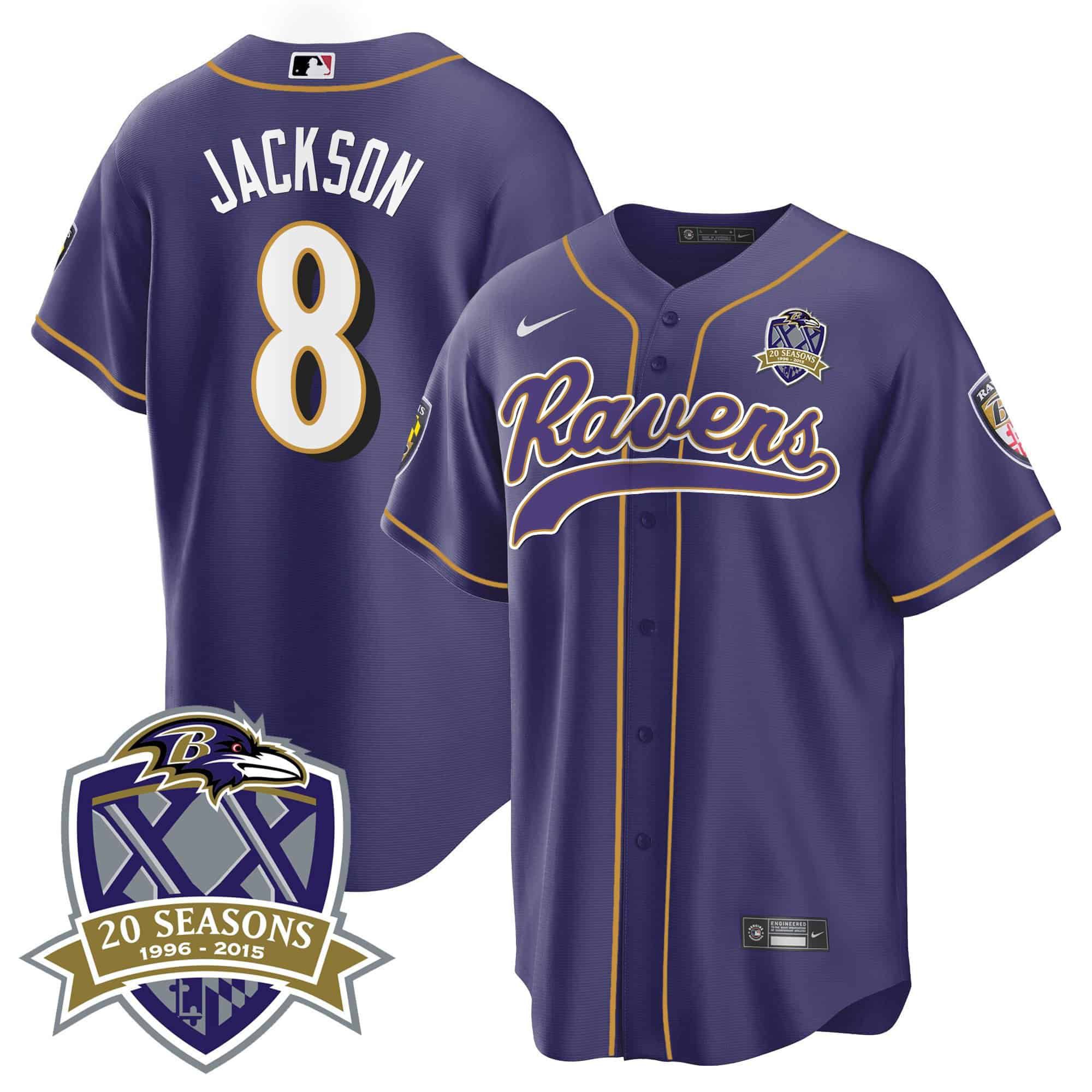Men Baltimore Ravens 8 Jackson Purple 2024 Nike 20th Season Patch Baseball NFL Jersey style 1